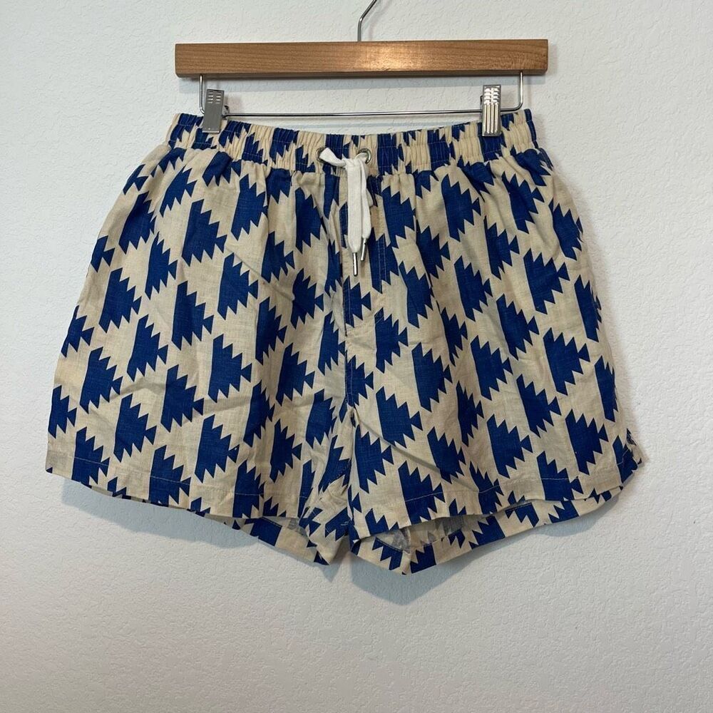 Felix Large Blue Cream Ikat Geometric Pull-On Linen Shorts Size Large